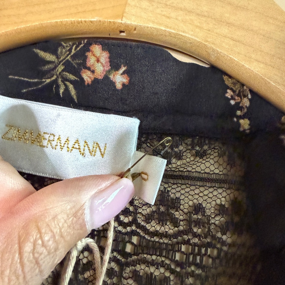 NWT Zimmermann Silk Floral Lace-Up Blouse Black Sheer Lace Pintuck Top - Picture 4 of 7